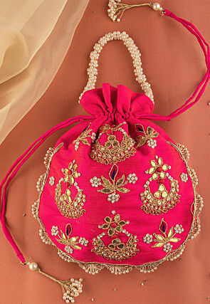 Hand Embroidered Art Silk Potli Bag in Fuchsia