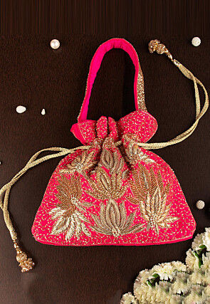 Hand Embroidered Art Silk Potli Bag in Fuchsia