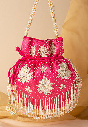Hand Embroidered Art Silk Potli Bag in Fuchsia