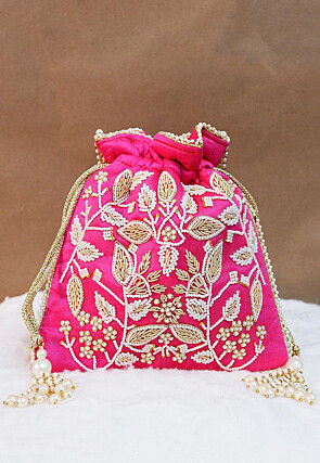 Hand Embroidered Art Silk Potli Bag in Fuchsia