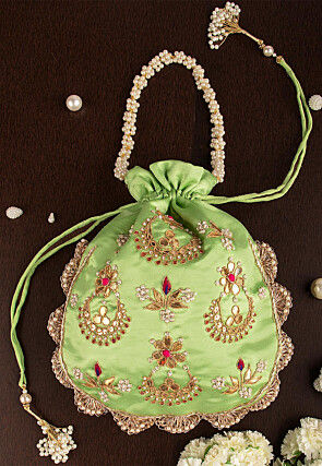 Hand Embroidered Art Silk Potli Bag in Green