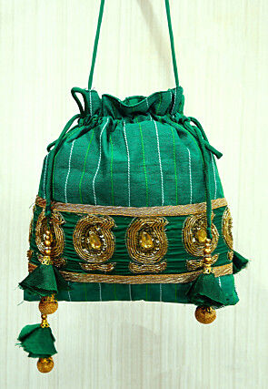 Hand Embroidered Art Silk Potli Bag in Green