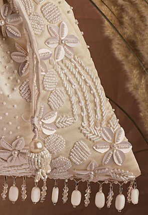 Hand Embroidered Art Silk Potli Bag in Cream