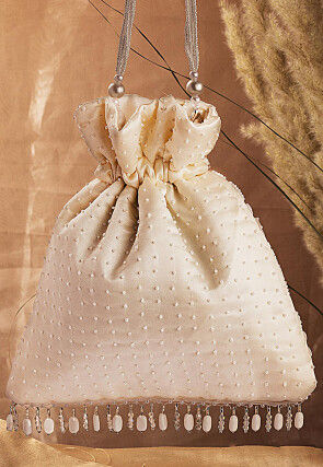 Hand Embroidered Art Silk Potli Bag in Cream