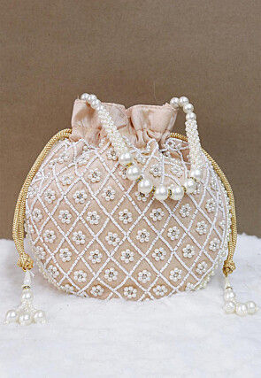 Hand Embroidered Art Silk Potli Bag in Light Beige