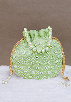 Hand Embroidered Art Silk Potli Bag in Light Green