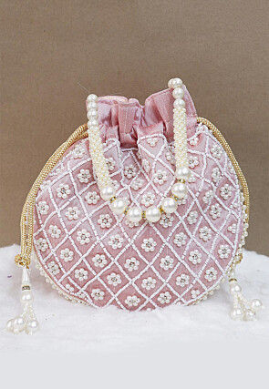 Hand Embroidered Art Silk Potli Bag in Light Peach