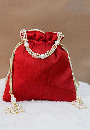 Hand Embroidered Art Silk Potli Bag in Maroon