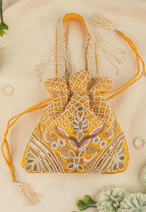 Hand Embroidered Art Silk Potli Bag in Mustard