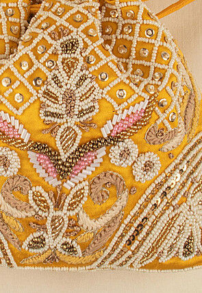 Hand Embroidered Art Silk Potli Bag in Mustard