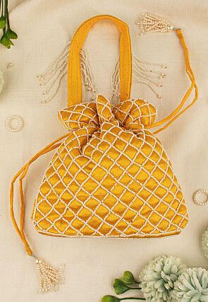 Hand Embroidered Art Silk Potli Bag in Mustard