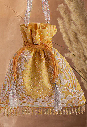 Hand Embroidered Art Silk Potli Bag in Mustard
