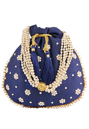 Hand Embroidered Art Silk Potli Bag in Navy Blue