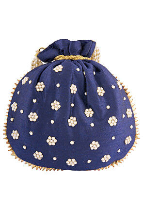 Hand Embroidered Art Silk Potli Bag in Navy Blue