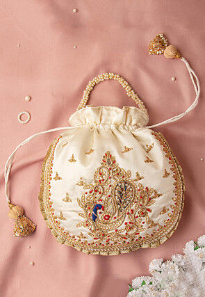 Hand Embroidered Art Silk Potli Bag in Off White