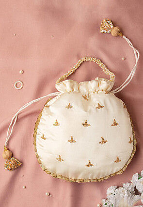 Hand Embroidered Art Silk Potli Bag in Off White