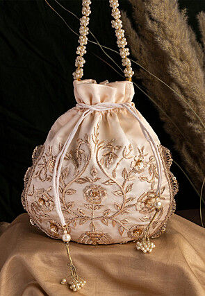 Hand Embroidered Art Silk Potli Bag in Off White