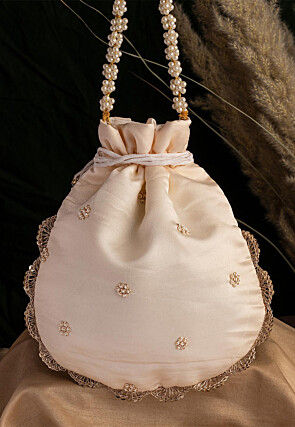 Hand Embroidered Art Silk Potli Bag in Off White