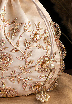 Hand Embroidered Art Silk Potli Bag in Off White