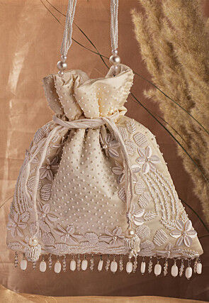 Hand Embroidered Art Silk Potli Bag in Off White