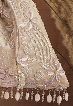 Hand Embroidered Art Silk Potli Bag in Off White
