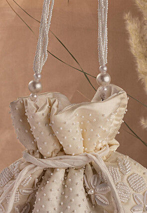 Hand Embroidered Art Silk Potli Bag in Off White