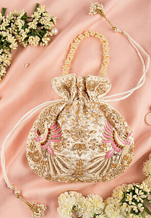 Hand Embroidered Art Silk Potli Bag in Off White