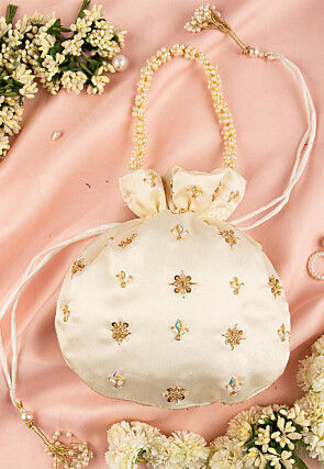 Hand Embroidered Art Silk Potli Bag in Off White