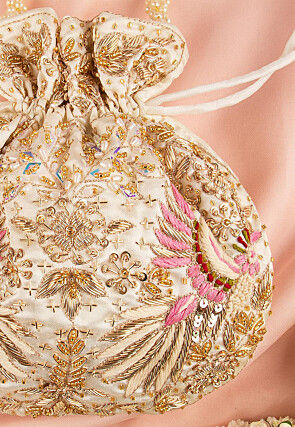 Hand Embroidered Art Silk Potli Bag in Off White