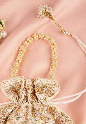 Hand Embroidered Art Silk Potli Bag in Off White