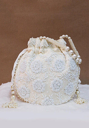 Hand Embroidered Art Silk Potli Bag in Off White