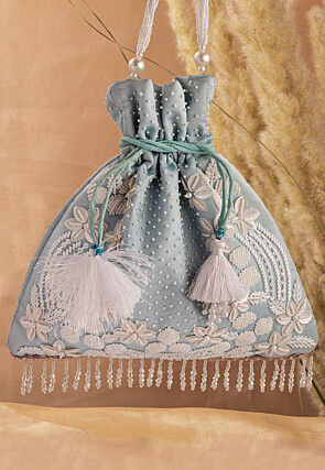 Hand Embroidered Art Silk Potli Bag in Pastel Blue