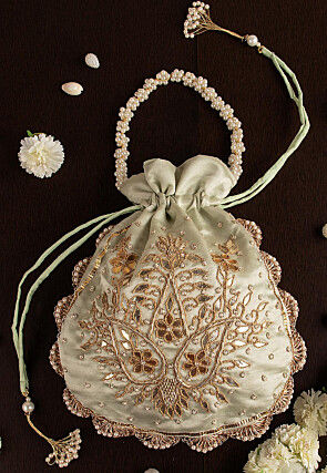 Hand Embroidered Art Silk Potli Bag in Pastel Green