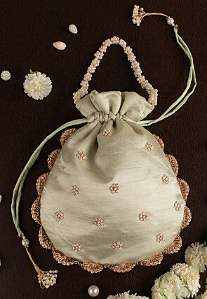 Hand Embroidered Art Silk Potli Bag in Pastel Green
