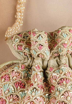 Hand Embroidered Art Silk Potli Bag in Pastel Green