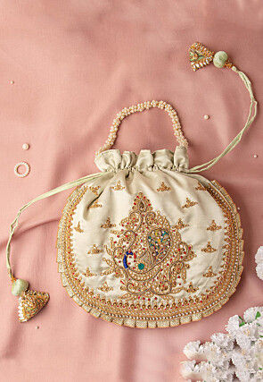 Hand Embroidered Art Silk Potli Bag in Pastel Green