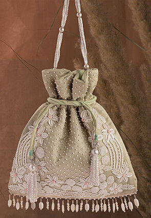 Hand Embroidered Art Silk Potli Bag in Pastel Green