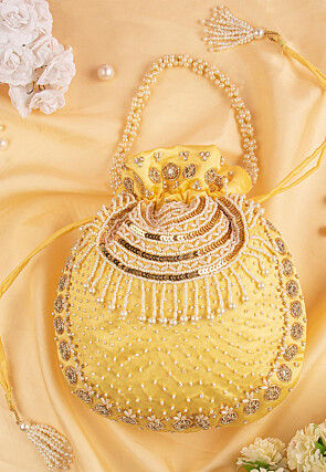 Hand Embroidered Art Silk Potli Bag in Pastel Yellow