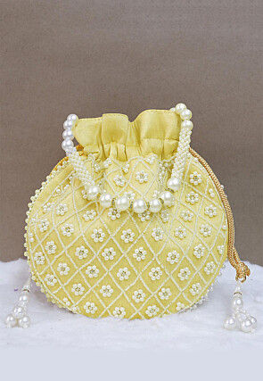 Hand Embroidered Art Silk Potli Bag in Pastel Yellow