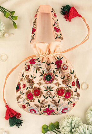 Hand Embroidered Art Silk Potli Bag in Peach