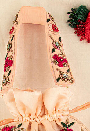 Hand Embroidered Art Silk Potli Bag in Peach