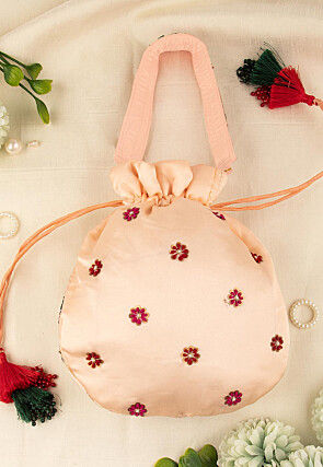 Hand Embroidered Art Silk Potli Bag in Peach