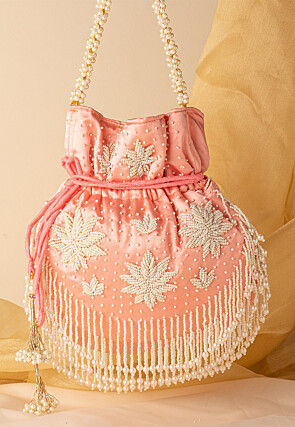 Hand Embroidered Art Silk Potli Bag in Peach