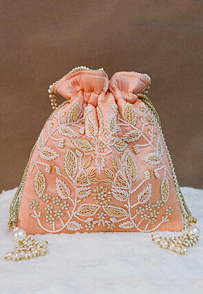 Hand Embroidered Art Silk Potli Bag in Peach