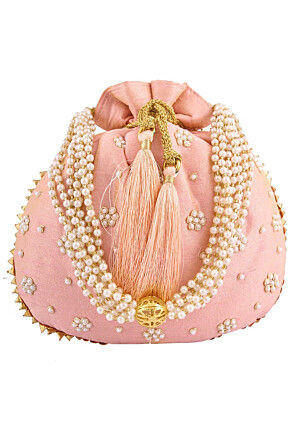 Hand Embroidered Art Silk Potli Bag in Peach