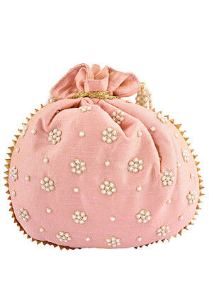 Hand Embroidered Art Silk Potli Bag in Peach
