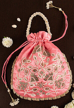 Hand Embroidered Art Silk Potli Bag in Pink