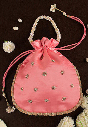 Hand Embroidered Art Silk Potli Bag in Pink