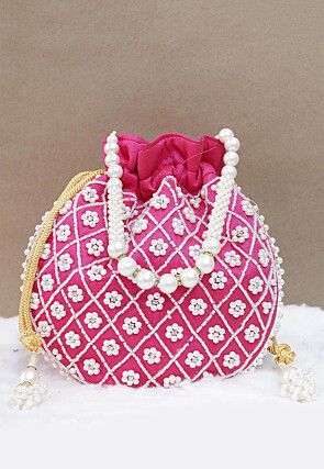 Hand Embroidered Art Silk Potli Bag in Pink