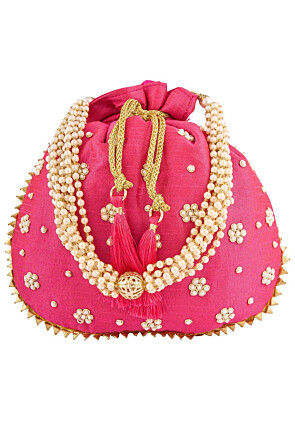 Hand Embroidered Art Silk Potli Bag in Pink